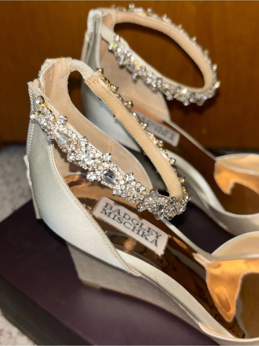 Badgley Mischka Champagne Satin Crystal Ankle-Strap Wedge Sandals